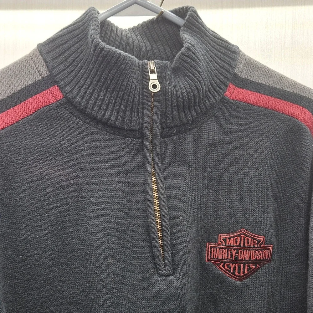 Harley-Davidson Mens Black Cotton 1/4 Zip Sweater Logo Sleeve Stripe Large L